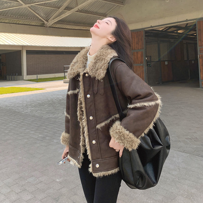深棕色复古皮毛一体羊羔毛外套女2025冬美拉德气质保暖麂皮绒棉服