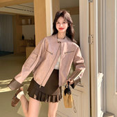 粉色痞帅风小个子圆领皮衣外套女2026春季 设计感可盐可甜PU皮夹克