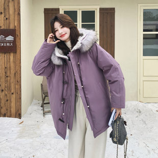 紫色设计感牛角扣大毛领派克羽绒服女2025冬新款保暖连帽加厚外套