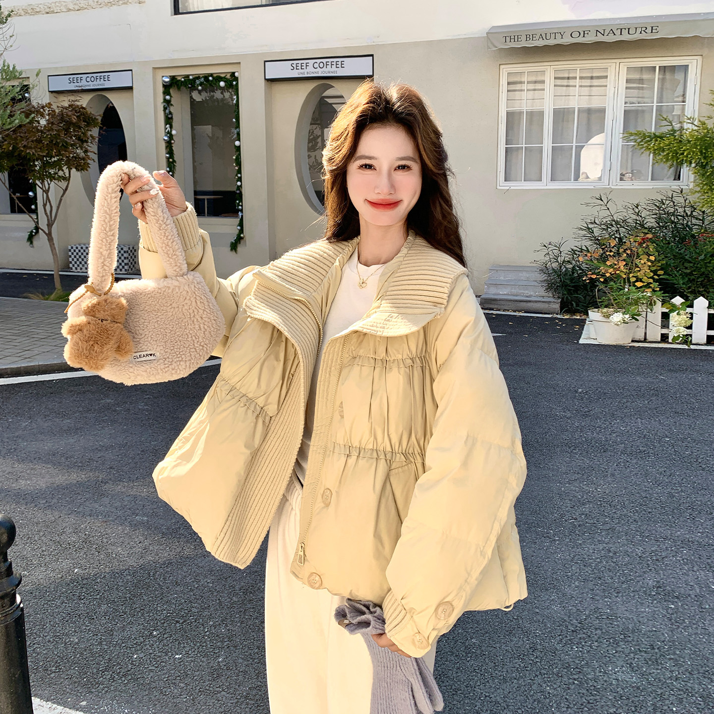 黄色短款针织拼接羽绒服女冬季2025新款巨好看小个子90白鸭绒外套