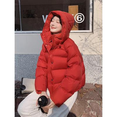 红色韩系时尚百搭连帽羽绒服女2025冬季新款学院风保暖短款面包服