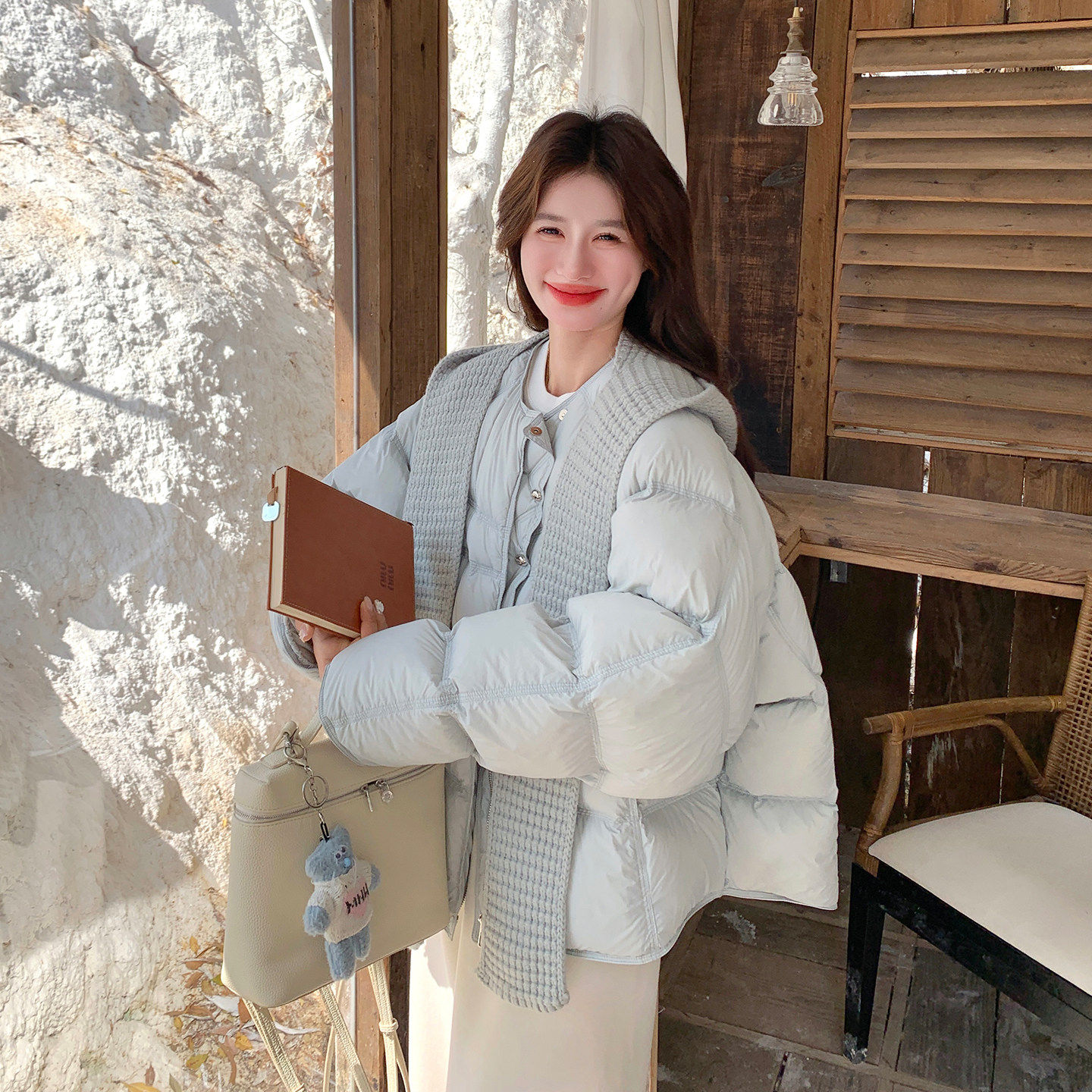 浅蓝色针织连帽拼接短款羽绒服女2025冬季小个子保暖90白鸭绒外套,女装/女士精品,羽绒服,淘宝优惠券,粉丝福利购,淘宝优惠卷