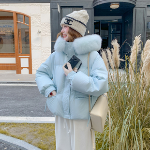 baby蓝短款羽绒服女2025冬韩系巨好看大毛领连帽保暖90白鸭绒外套