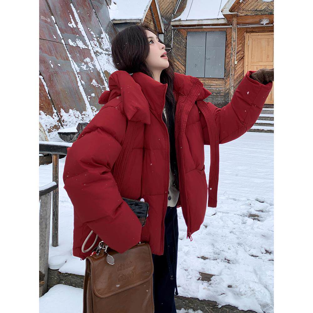 红色立体小熊耳朵俏皮减龄连帽羽绒服女2025冬季新款保暖短面包服
