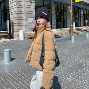 卡其色韩系短款立领羊羔毛羽绒服女2025冬季保暖厚实90白鸭绒外套