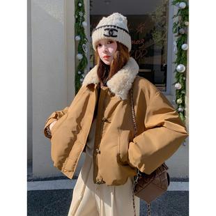 卡其色羊羔毛翻领羽绒服女短款2025冬季新款加厚小个子白鸭绒外套