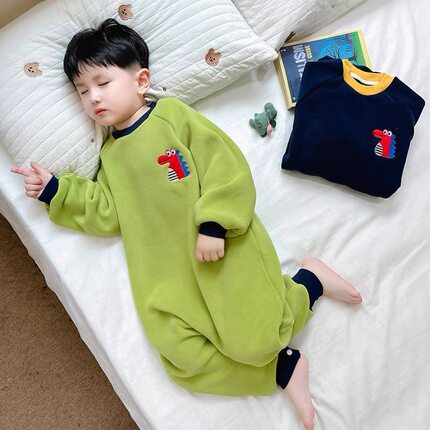 儿童睡衣秋冬连体衣德绒男童防踢保暖睡袋休闲家居服男孩刺绣爬服