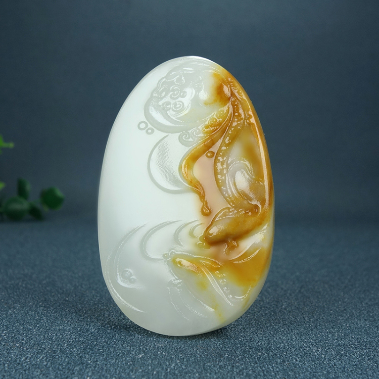 天然新疆和田玉籽料荷花金鱼吊坠项链坠项链金鱼满堂玉挂件平安牌