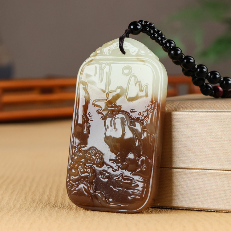 和田玉糖料山水牌吊坠平安牌新疆玉器籽料男款项链玉石挂件无事牌