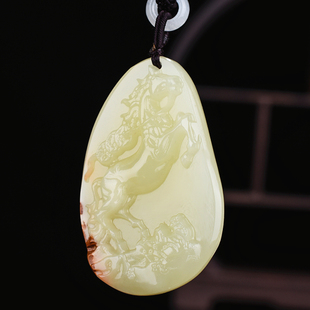 天然和田玉籽料原石雕刻玉马项链生肖马吊坠马到成功挂件平安牌