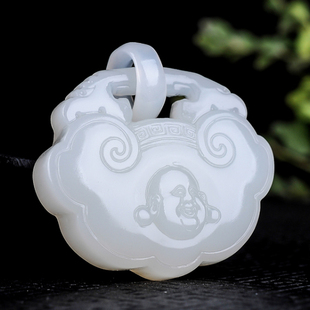 天然新疆和田玉白玉玉锁吊坠如意平安长命玉锁佛公玉锁项链羊脂玉