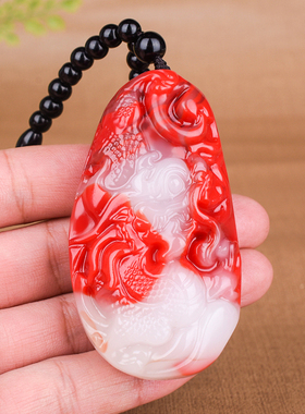 天然新疆和田玉鸡血玉玉龙手把件