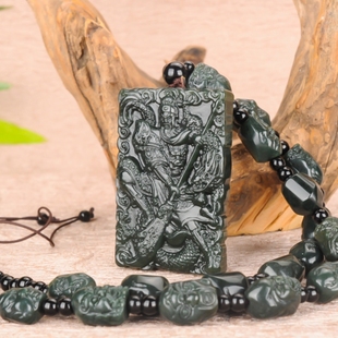 天然和田玉青玉关公吊坠男双面精雕忠义关公吊坠玉牌十八罗汉项链