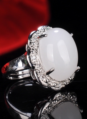 天然和田白玉椭圆戒面戒指银镶嵌白玉戒指活口戒指戒面16mmx12mm