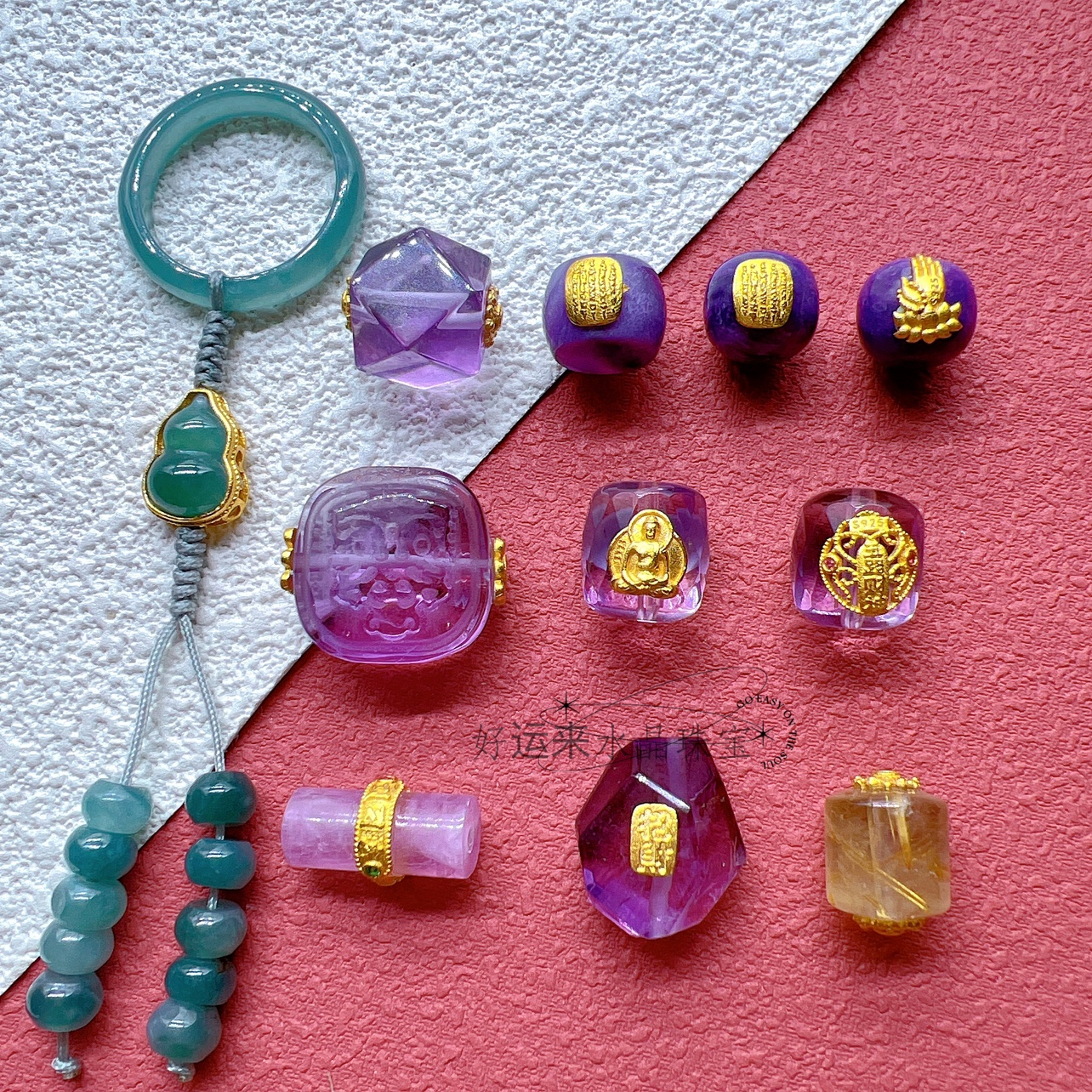 925古法纯银五条经无相佛手镶紫水发晶紫龙晶diy文玩水晶手链配件