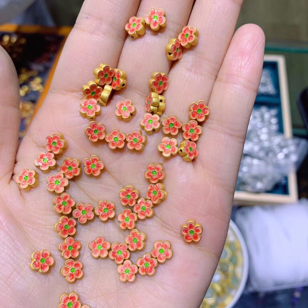 925纯银古法银烧蓝粉色桃花五瓣花隔珠背云手链绳编织配件diy饰品