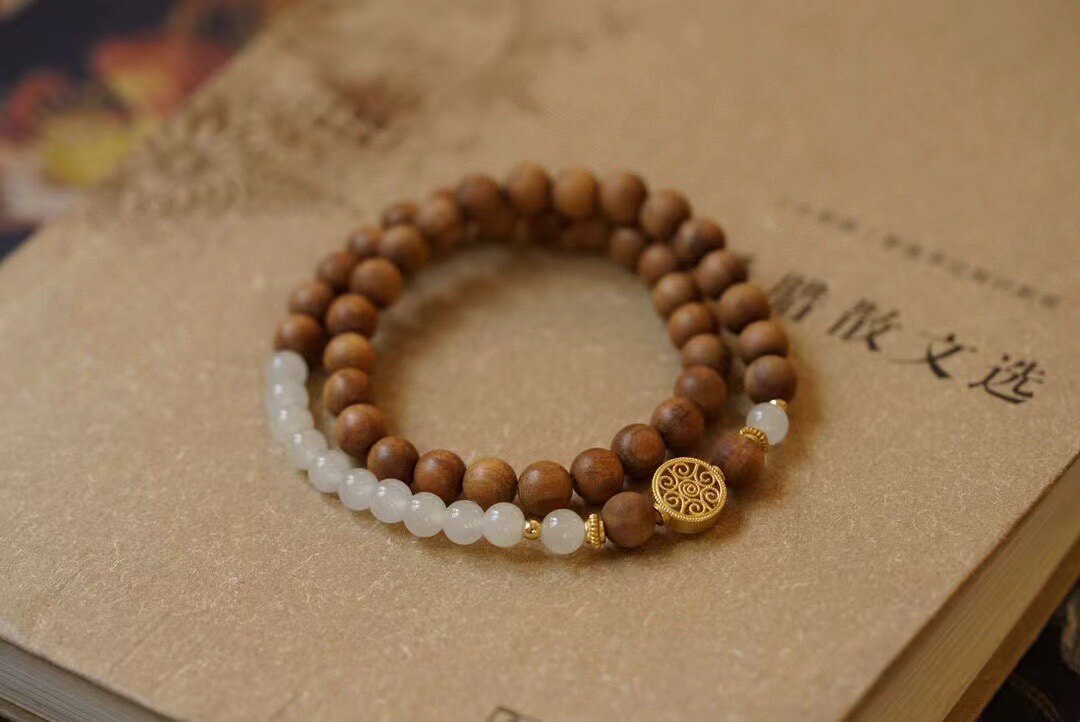 新中式多宝和田白玉老山檀木双圈手串s925古法银配饰情侣成品手链