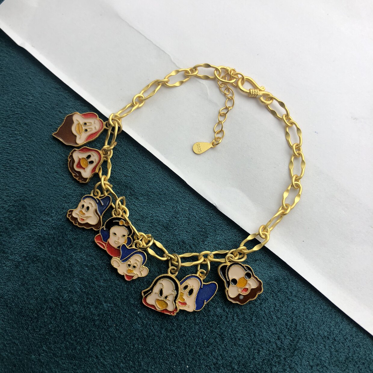 s925纯银古法银烧蓝白雪公主和七个小矮人守护系列手链开心果吊坠