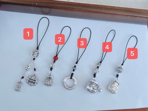 99足银祥云圈圆环算盘平安福字铜钱袋子五路财神招财猫手机链挂件