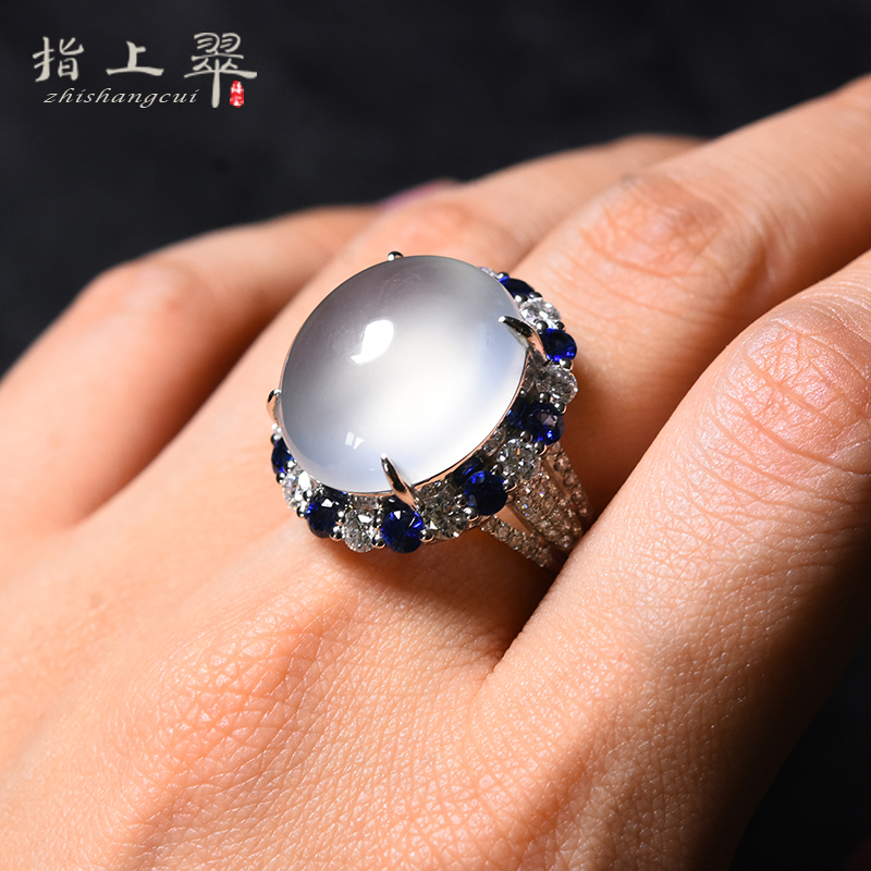 戒指18k金镶嵌天然a货白冰翡翠