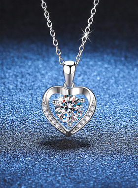 S925银镀18K金PT950铂金镶嵌D色莫桑石项链永恒之心银吊坠锁骨链