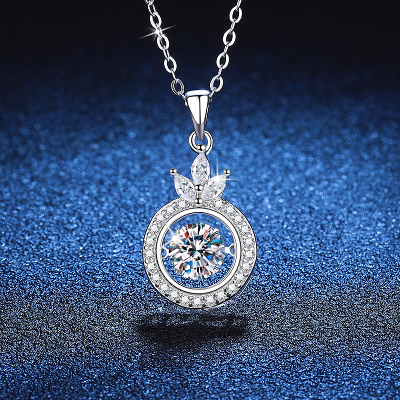 S925银镀18K金PT950铂金镶1克拉D色莫桑石吊坠皇冠灵动莫桑钻项链