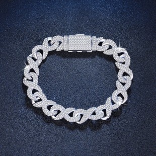 S925银镀18K金PT950铂金镶莫桑石手链嘻哈古巴链满镶莫桑钻手链