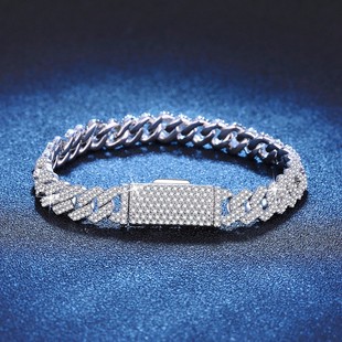 S92银镀18K金PT950铂金镶莫桑石嘻哈古巴手链豪华满镶莫桑钻手链