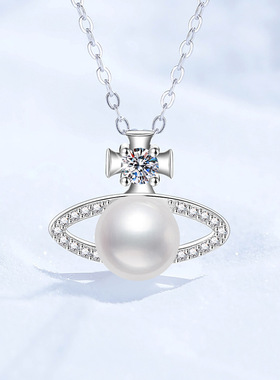 S925银镀18K金PT950铂金镶天然淡水珍珠吊坠莫桑石时尚女土星项链