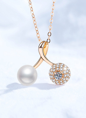 S925银镀18K金PT950铂金镶嵌10分莫桑石天然淡水珍珠吊坠樱桃项链