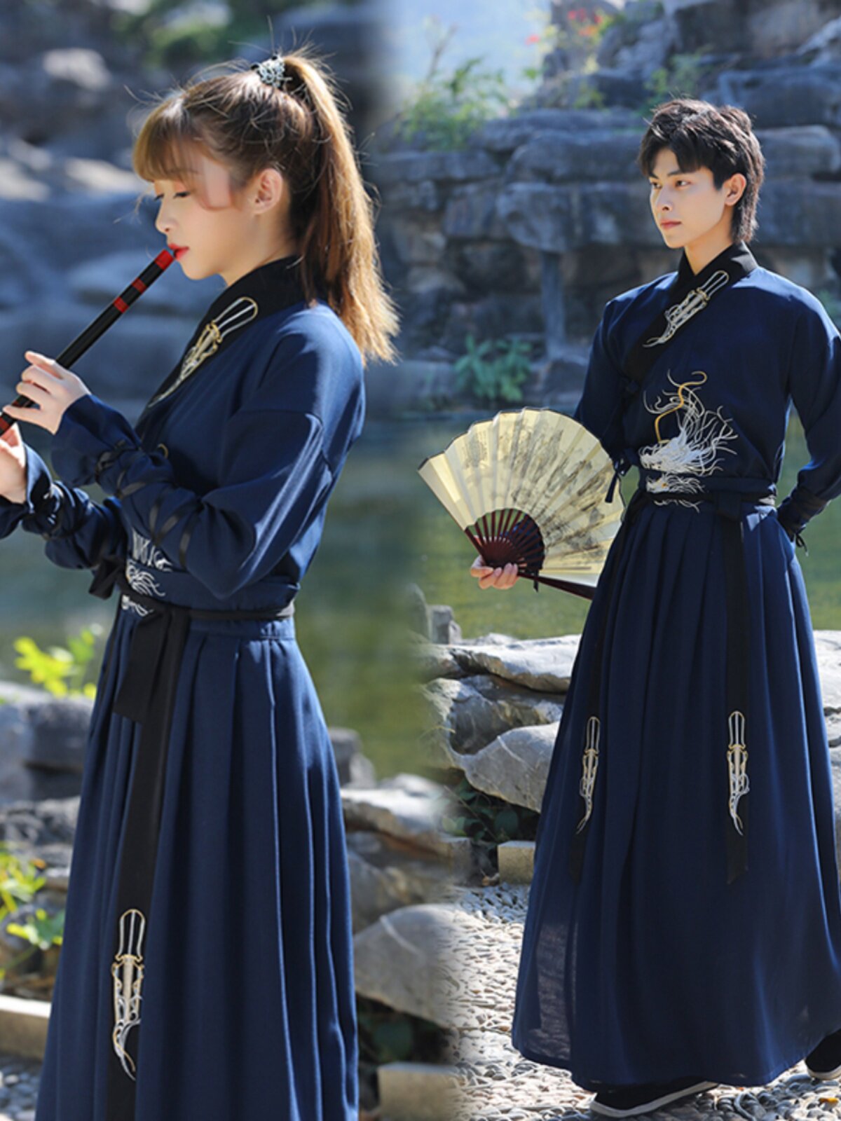 중국 스타일 송나라 수 놓은 태극권 무술 공연 사파이어 블루 수 놓은 긴팔 치마 정장 HANFU 남성과 여성의 고대 의상