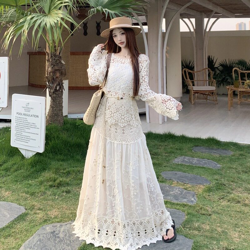 胖妹妹2026夏季时尚休闲套装长袖钩花针织罩衫叠穿背心半身裙套装