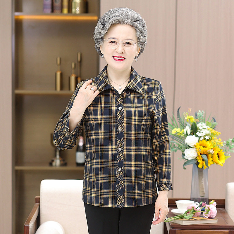 中老年女装衬衫春秋妈妈纯棉长袖格子上衣老人开衫奶奶春夏薄