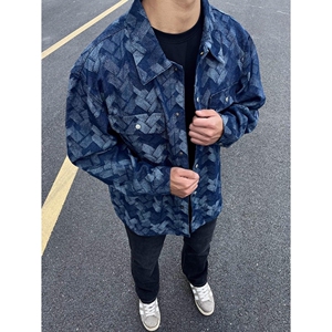 1506/Q2370/P56提花衬衫牛仔外套男宽松秋季翻领夹克加大码胖子潮图片