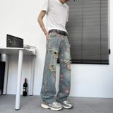 美式高街花卉破洞牛仔裤男痞帅高级感显瘦裤子cleanfit直筒微喇裤，男装牛仔裤，星座1506