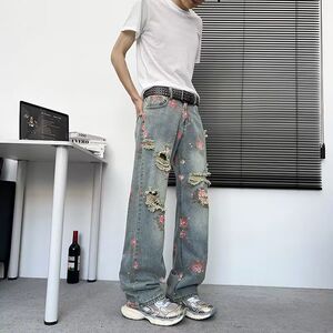 美式高街花卉破洞牛仔裤男痞帅高级感显瘦裤子cleanfit直筒微喇裤图片