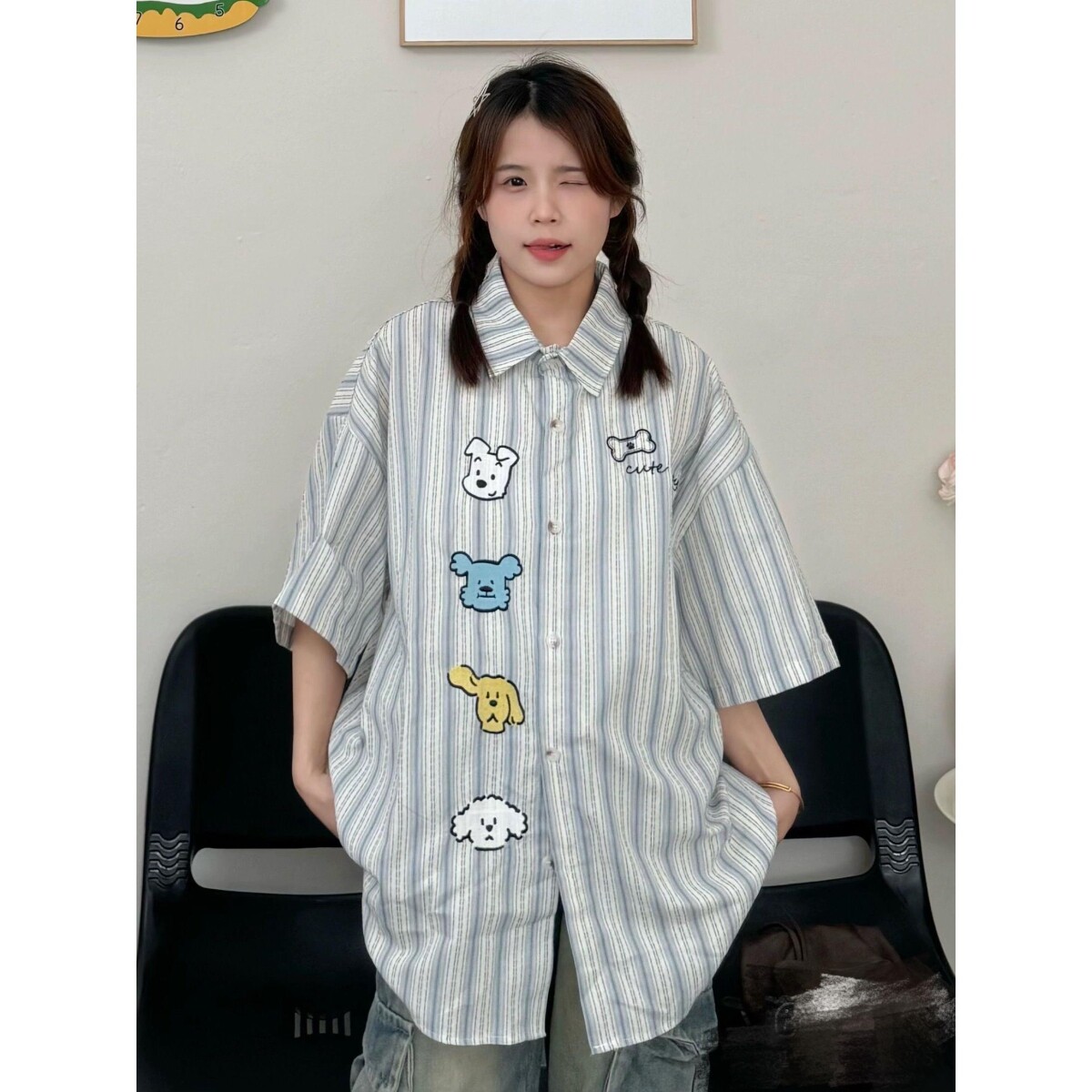 1506/Q215/P48可爱刺绣短袖衬衫男女夏季宽松休闲情侣装百搭衬衣,男装T恤,星座1506