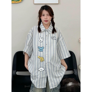 1506/Q215/P48可爱刺绣短袖衬衫男女夏季宽松休闲情侣装百搭衬衣