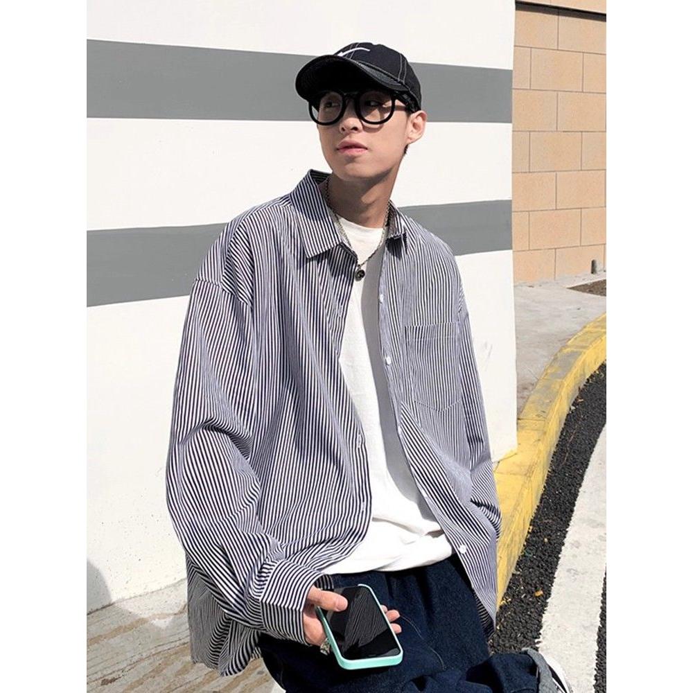 1506/QC220/P39新款浅蓝色条纹衬衫男秋季长袖宽松港风休闲男士，男装衬衫，星座1506