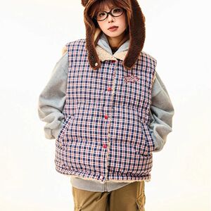 1506/Q25120/P65【双面穿】 色织格纹马甲外套棉服女冬羊羔毛外套图片