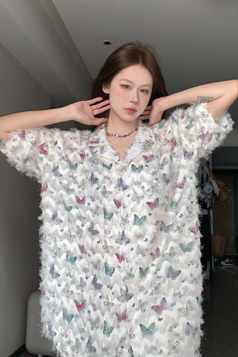 1506/Q288/P46潮情侣美式金属标流苏蝴蝶短袖衬衫宽松休闲衬衣,男装T恤,星座1506