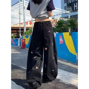 1506/Q80520/P46夏季怀旧刺绣牛仔裤女宽松拖地裤高腰直筒裤子图片