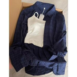 1506/QYC870/P37复古深蓝色格子衬衫男女款外搭冷淡系图片
