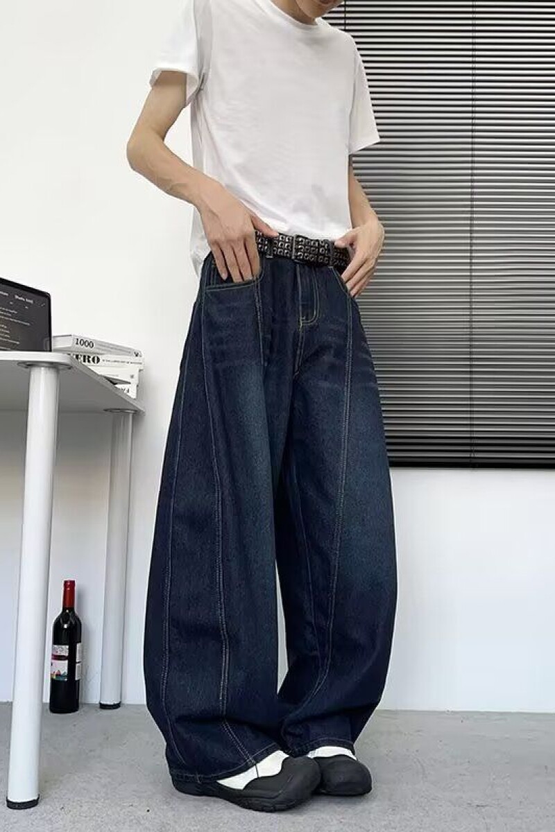 1506/QN70310/P54深蓝色水洗阔腿牛仔裤男夏宽松休闲做旧直筒裤子,男装牛仔裤,星座1506