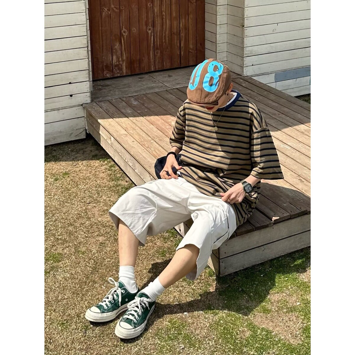 1506/Q337/P42短袖t恤男潮牌夏季宽松五分袖条纹上衣,男装T恤,星座1506