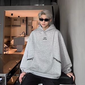 1506/QY230/P48男生白花灰连帽套头卫衣400g秋装青少年休闲宽松图片