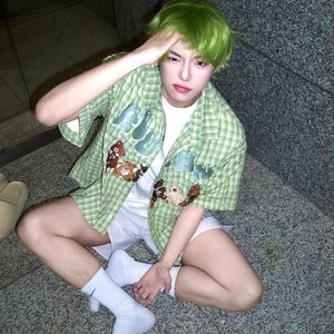 1506/Q82420/P49美式复古趣味男女格子夏学院风情侣刺绣短袖衬衫