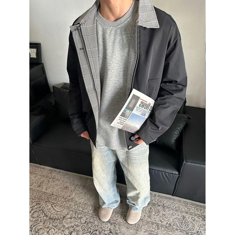 1506/Q68180/P62格纹撞色拼接夹克上衣男女秋休闲情侣工装外套,男装夹克,星座1506