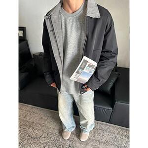 1506/Q68180/P62格纹撞色拼接夹克上衣男女秋休闲情侣工装外套图片