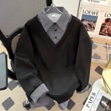 1506/Q13200/P48美式潮牌小众时髦高街假两件翻领卫衣衬衫2，男装衬衫，星座1506